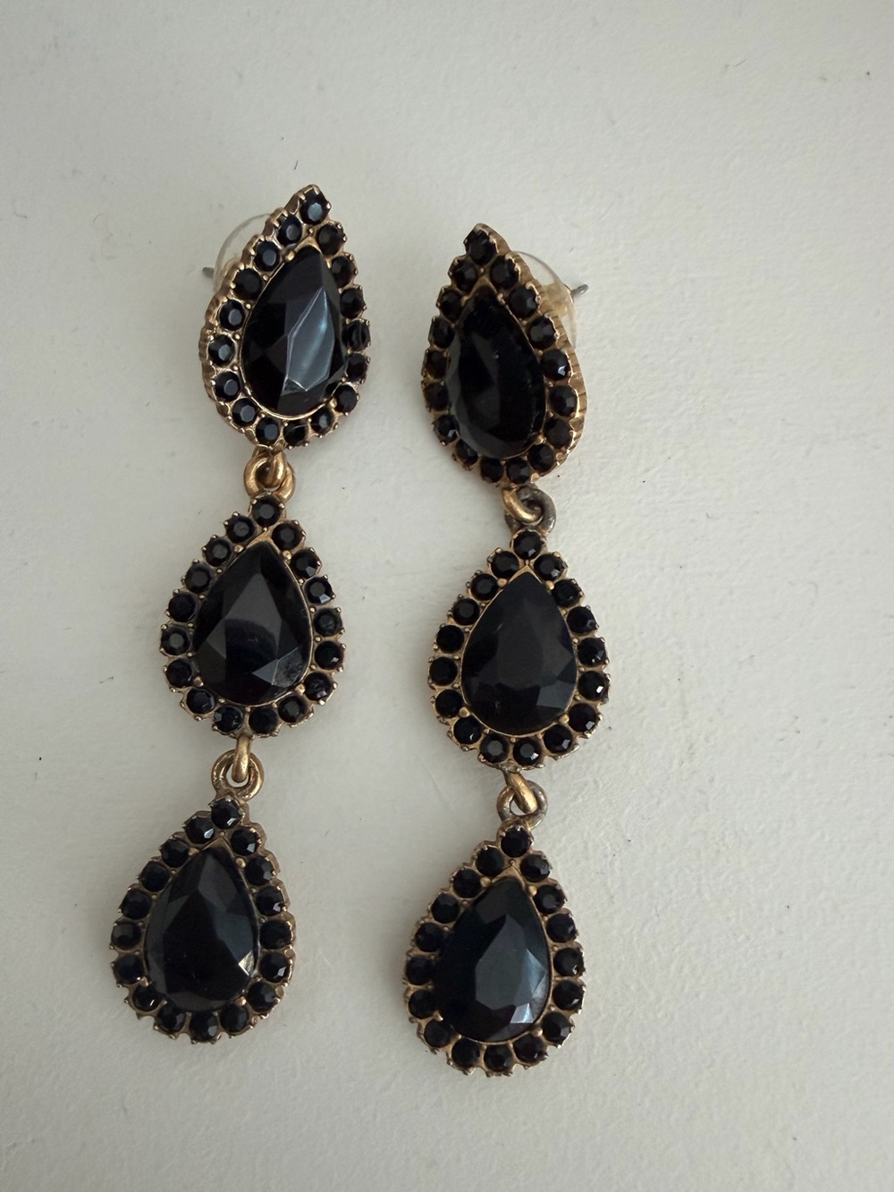 Loren Hope Triple Teardrop Onyx Faceted Crystal Signed Earrings